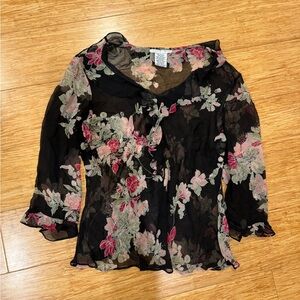 ICE sheer beaded floral black ruffle blouse